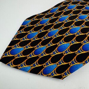 Pavone Mens Silk Tie Italy Luxury Blue Gold Black Pattern Necktie Vintage